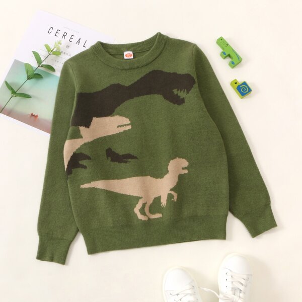 

Boys Dinosaur Print Crew Neck Sweater, Army green