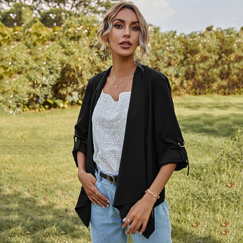 

Waterfall Neck Roll-up Sleeve Jacket, Black