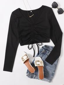 Camiseta corta con cordón delantero - Negro - Ver 1