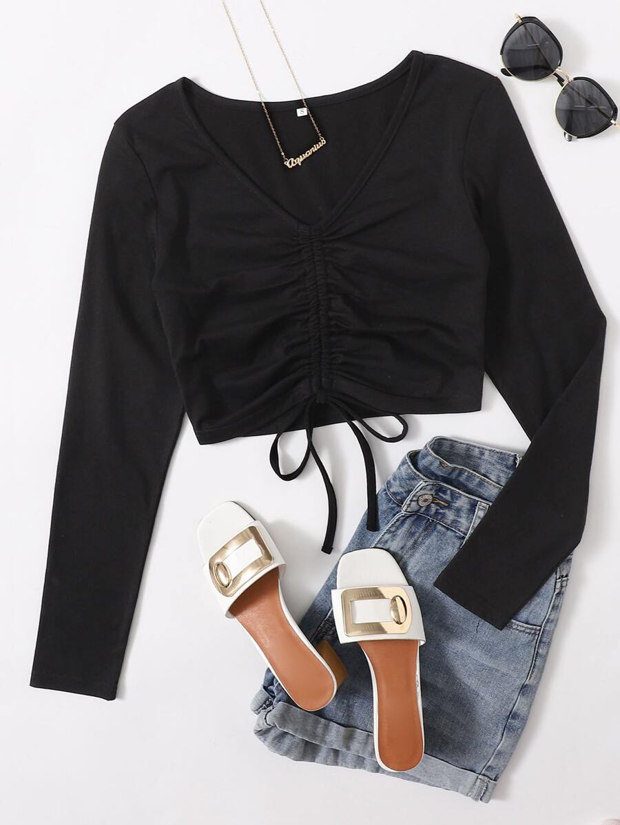 Camiseta corta con cordón delantero - Negro - Ver 1