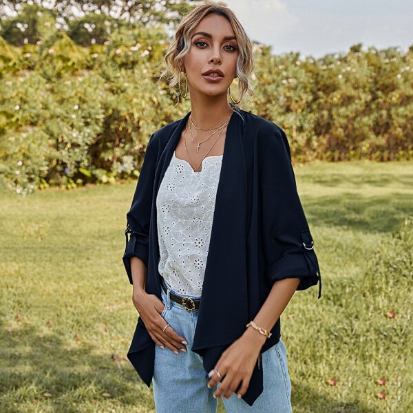 

Waterfall Neck Roll-up Sleeve Jacket, Navy blue