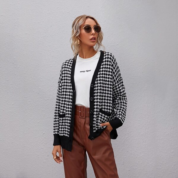 

Drop Shoulder Houndstooth Cardigan, Black and white