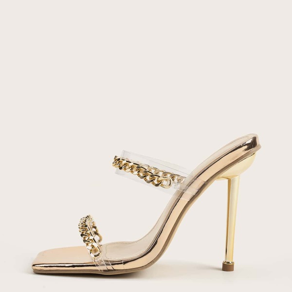 

Clear Chain Decor Stiletto Heeled Mules, Gold clear