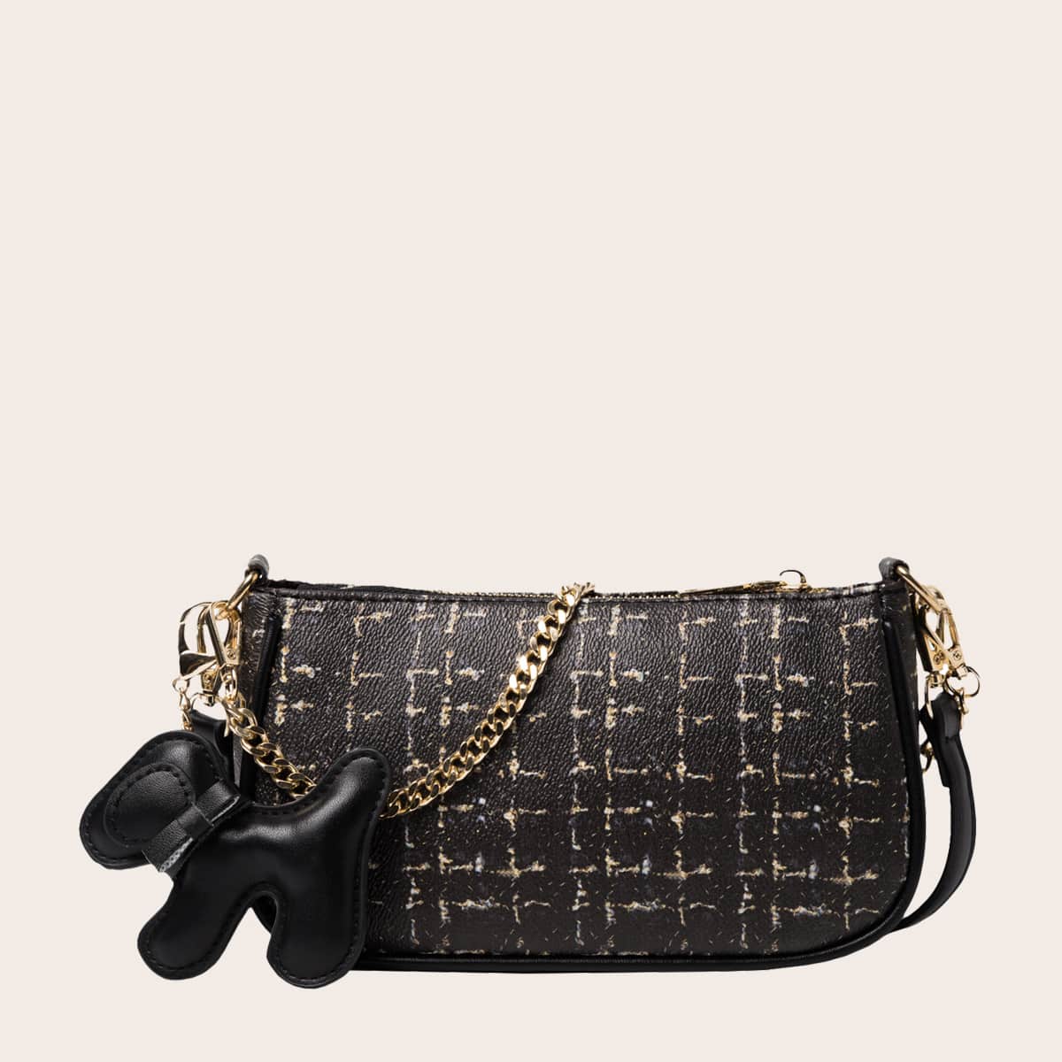 

Plaid Baguette Bag With Dog Shaped Bag Charm, Black