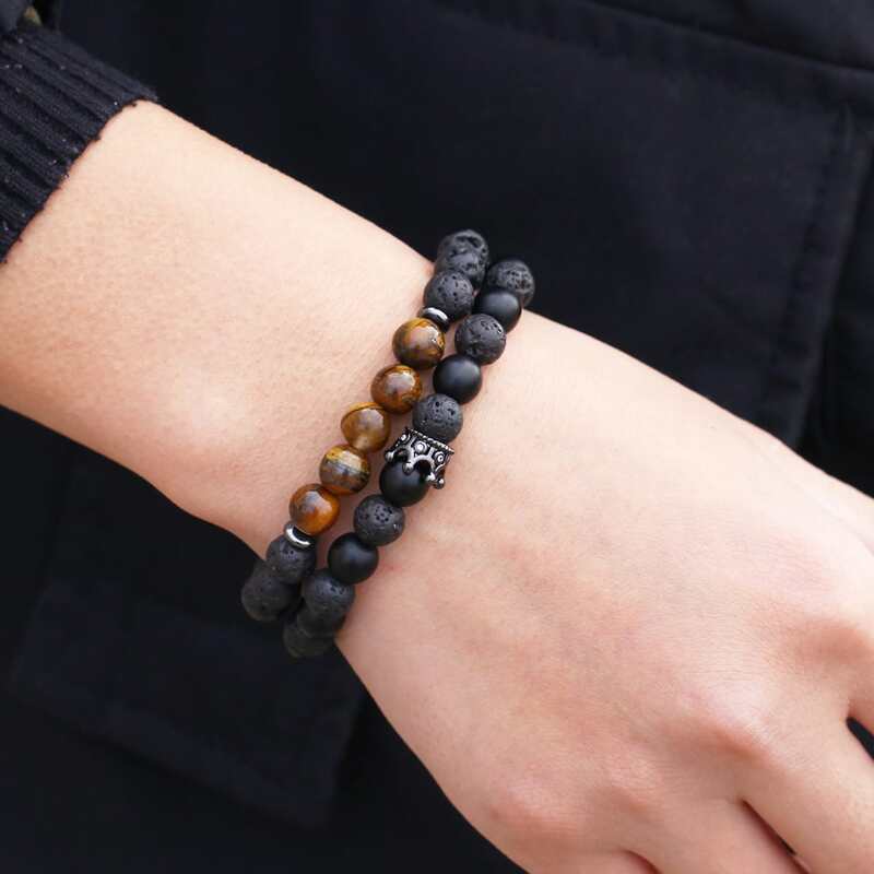 

2pcs Guys Crown Decor Beaded Bracelet, Black