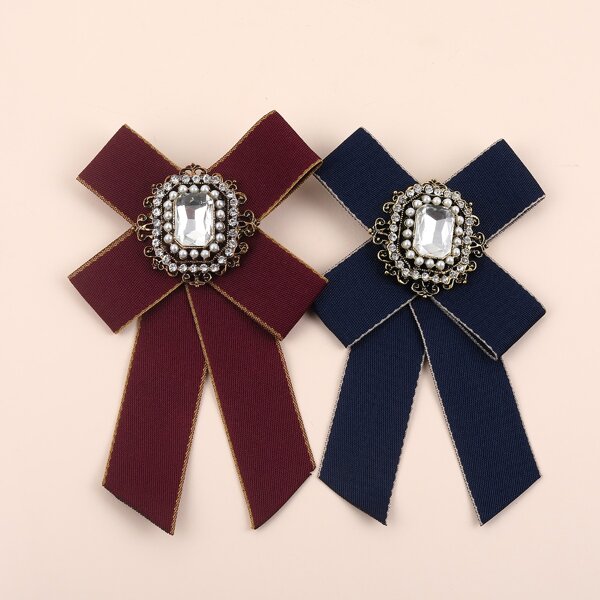 

2pcs Gemstone Decor Bow Brooch, Multicolor