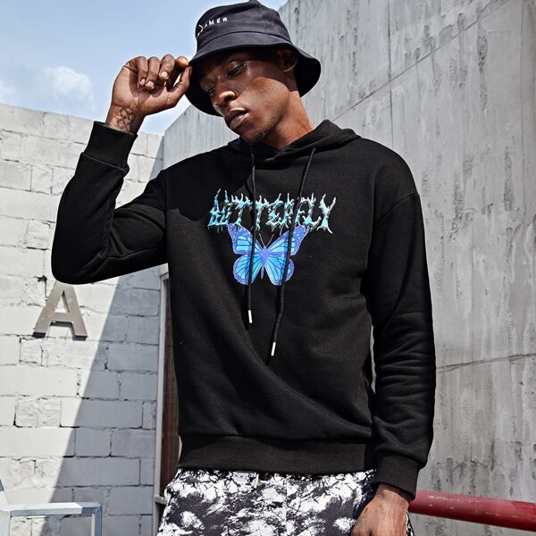 

Men Letter & Butterfly Print Drawstring Hoodie, Black