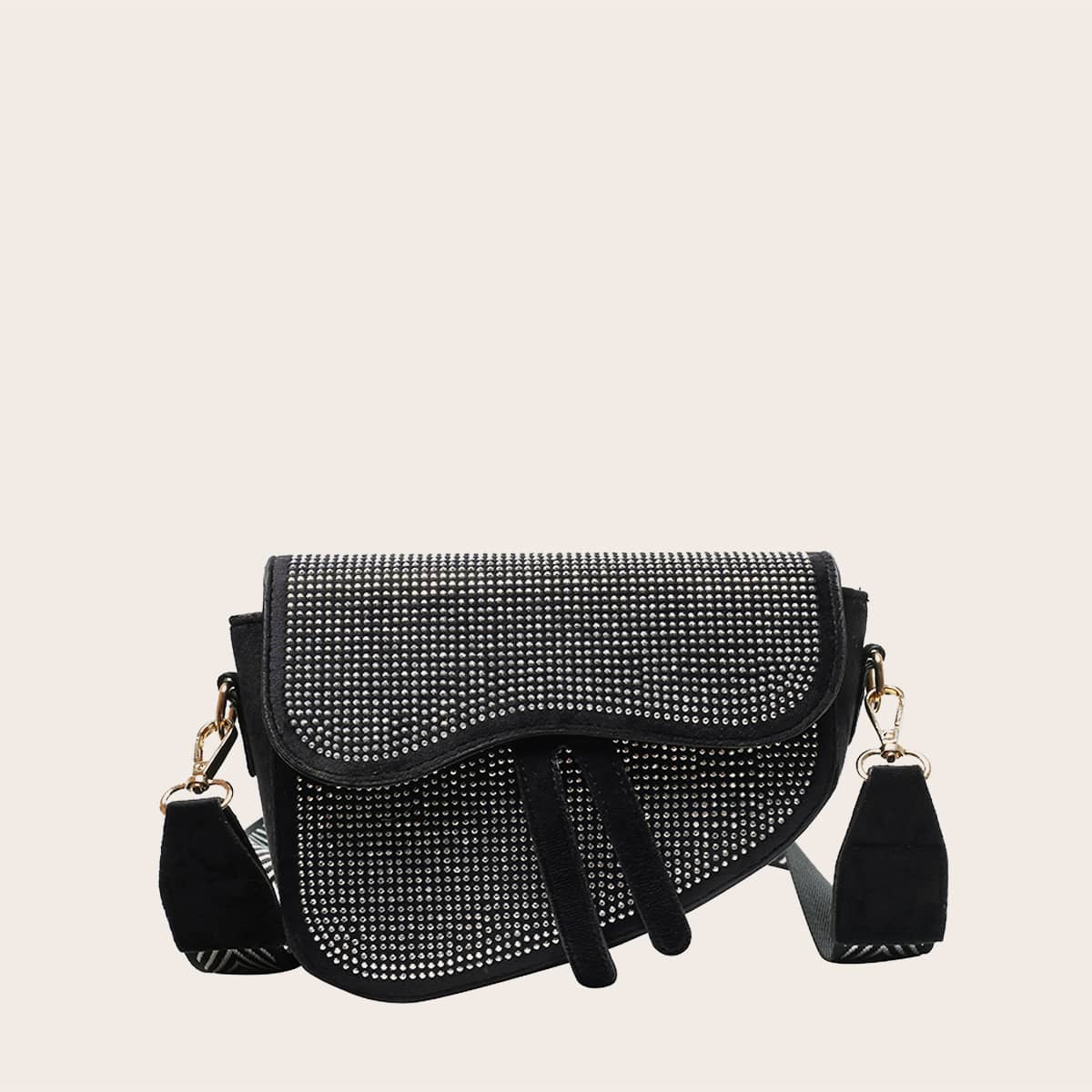 

Rhinestone Decor Saddle Bag, Black