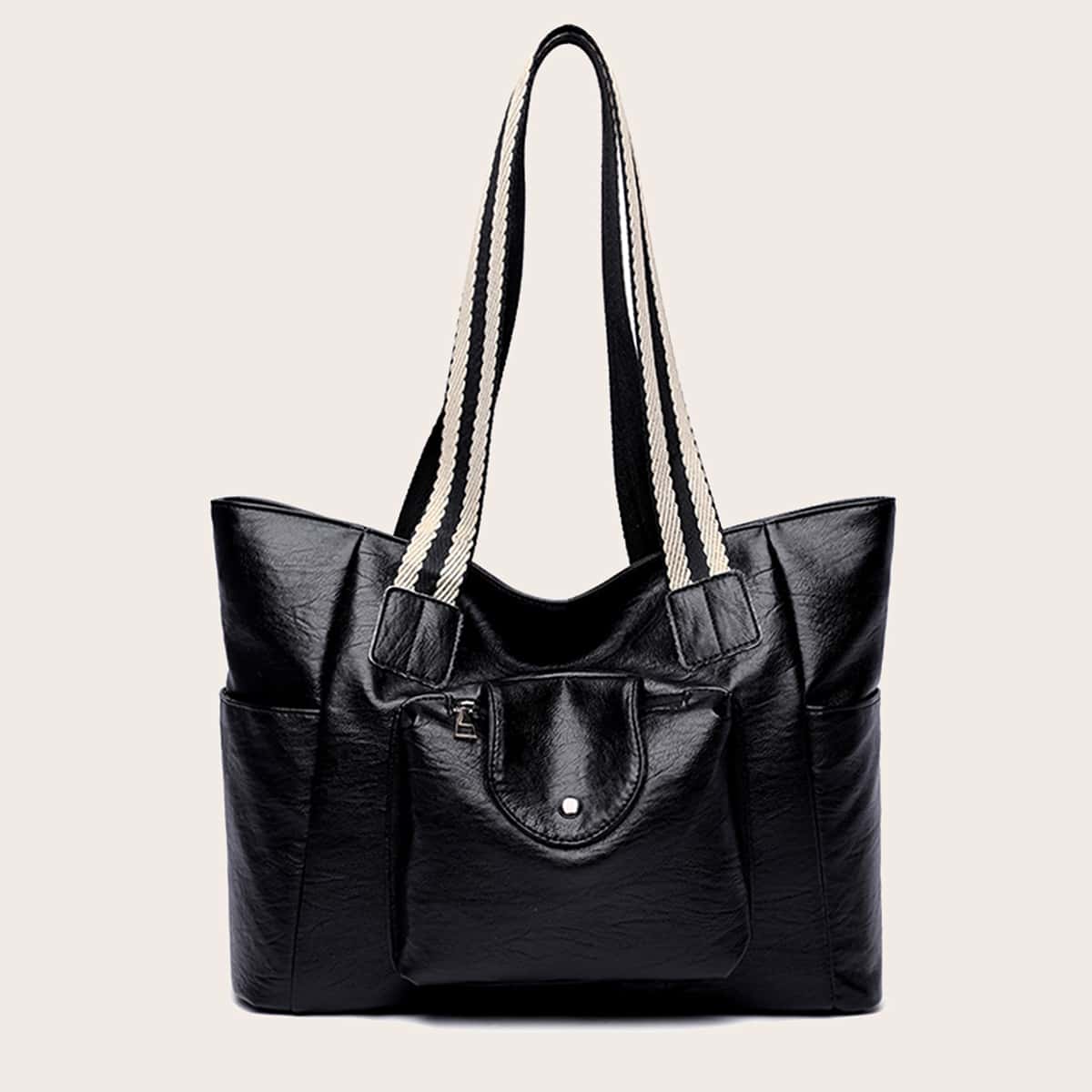 

Pocket Front Large Capacity Tote Bag, Black