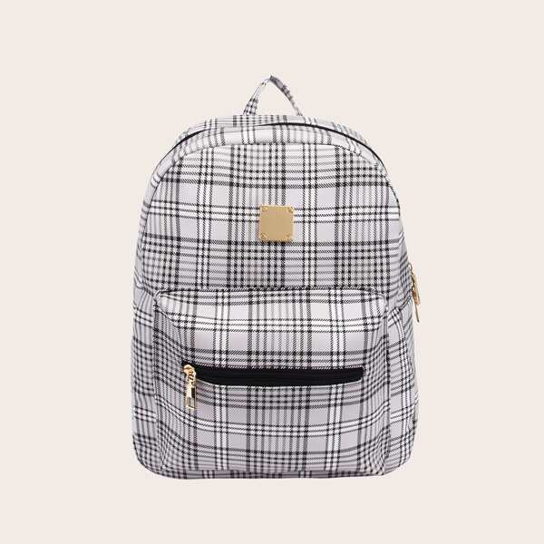 

Plaid Pattern Zip Front Backpack, Black and white