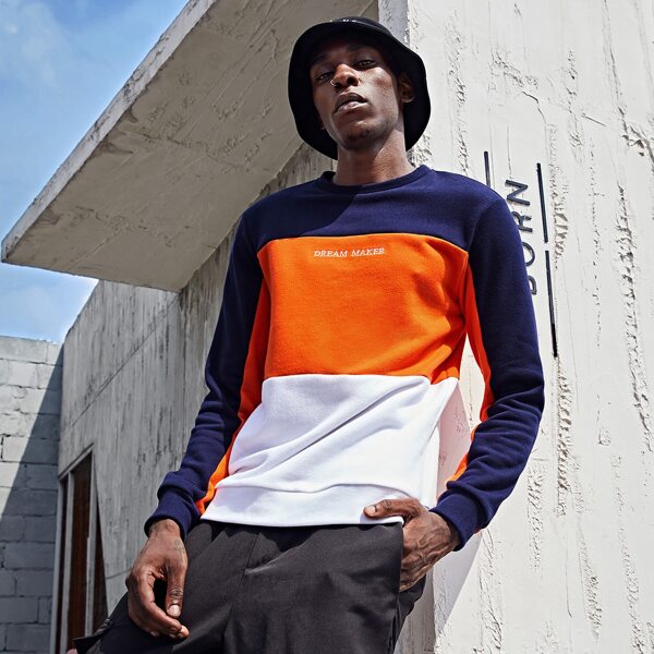 

Men Embroidery Letter Colorblock Pullover, Multicolor
