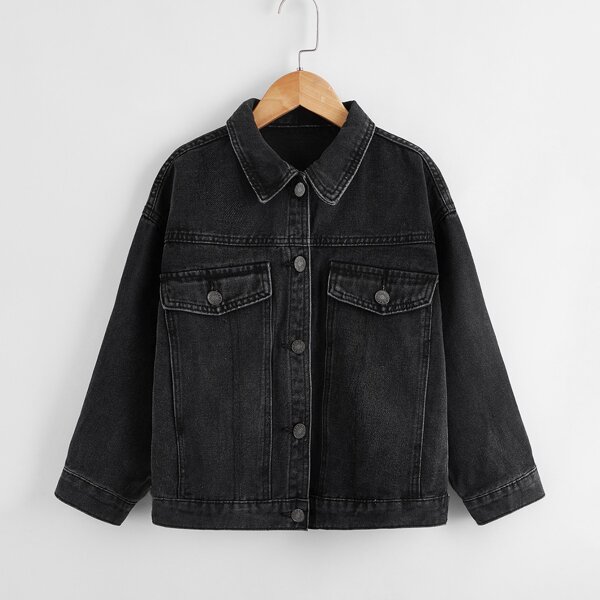 

Girls Single Breasted Drop Shoulder Denim Jacket, Black
