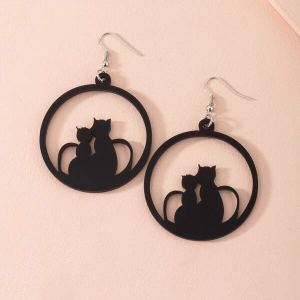 

Cat Detail Hollow Round Earrings, Black