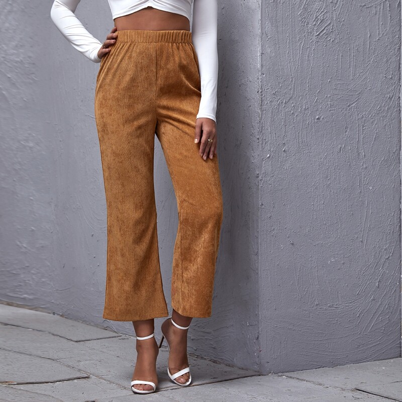 

Elastic Waist Corduroy Flare Leg Pants, Brown