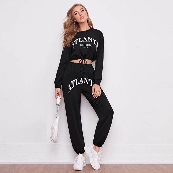 

Letter Graphic Drawstring Hem Sweatshirt & Sweatpants, Black