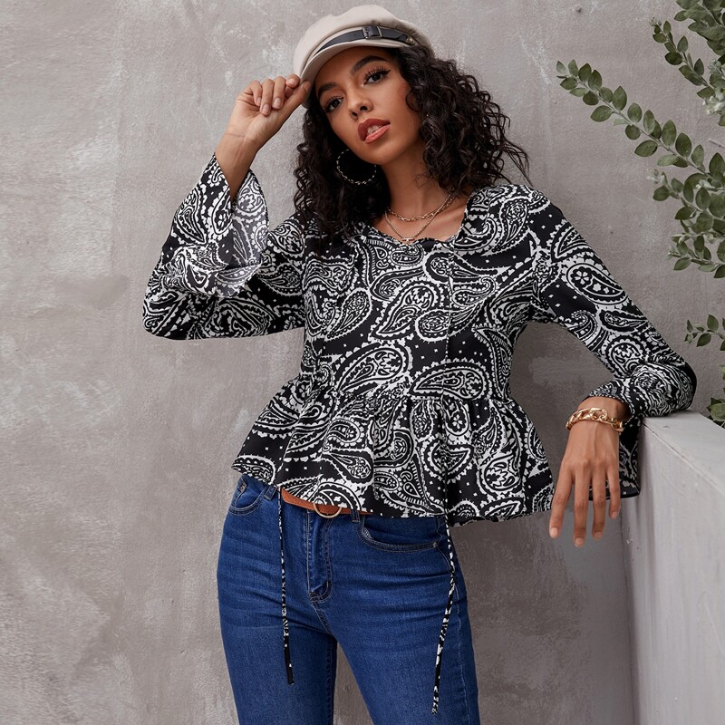 

Tie Neck Paisley Print Peplum Blouse, Black and white
