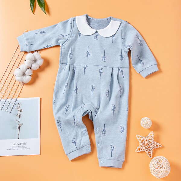 

Baby Unisex Tree Print Button Jumpsuit, Dusty blue