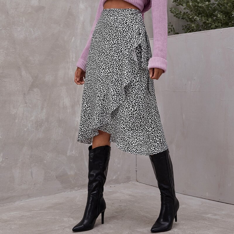

Allover Print Knot Side Wrap Skirt, Black and white