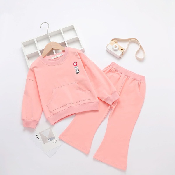 

Toddler Girls Panda Print Drop Shoulder Sweatshirt & Flare-leg Pants, Baby pink