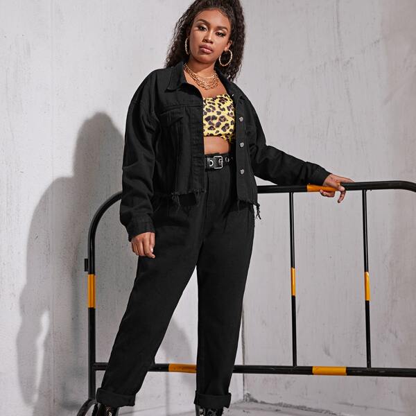 

Plus Fringe Hem Denim Trucker Jacket & Jeans Set Without Belt, Black