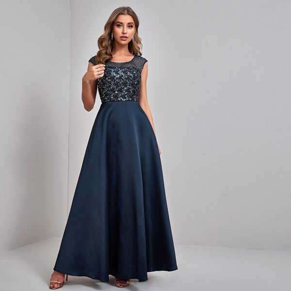 

Contrast Mesh & Sequin Pearls A-line Dress, Navy blue