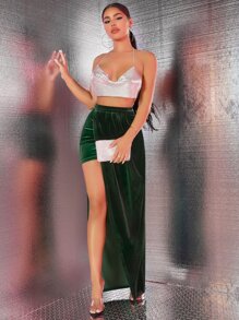 SHEIN SXY 側拉鏈天鵝絨垂褶半身裙 - 墨綠色 - 查看 5