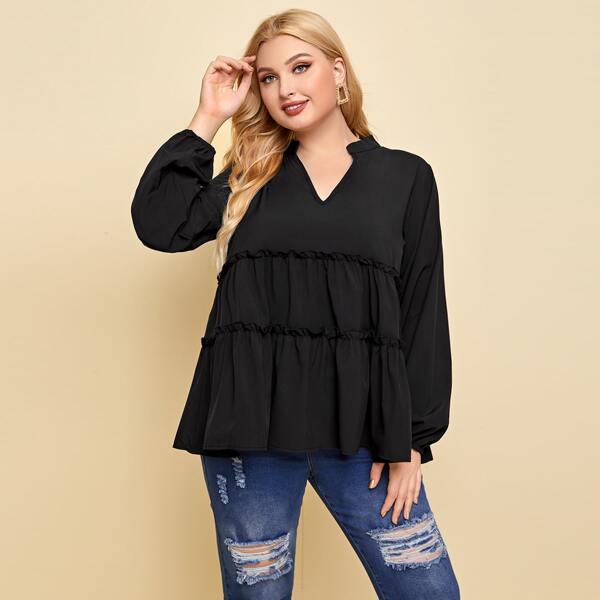 

Plus Notched Neck Frill Trim Babydoll Blouse, Black