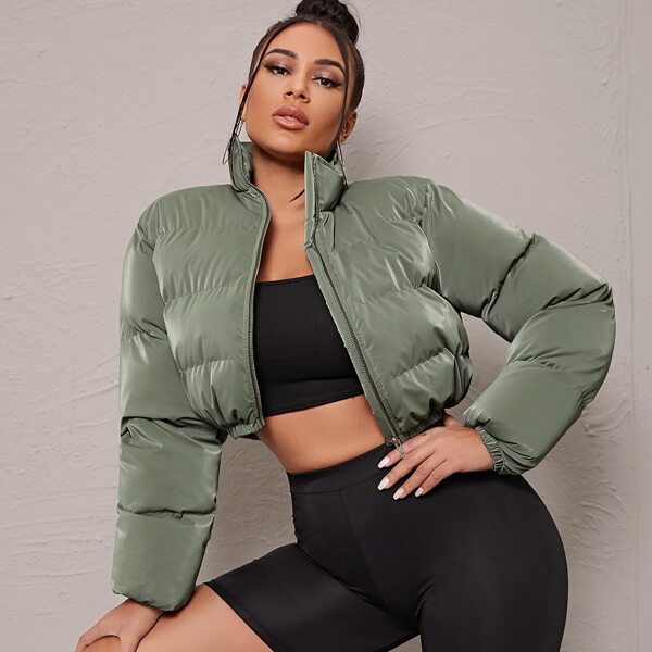 

High Neck Zipper Placket Puffer Jacket, Army green