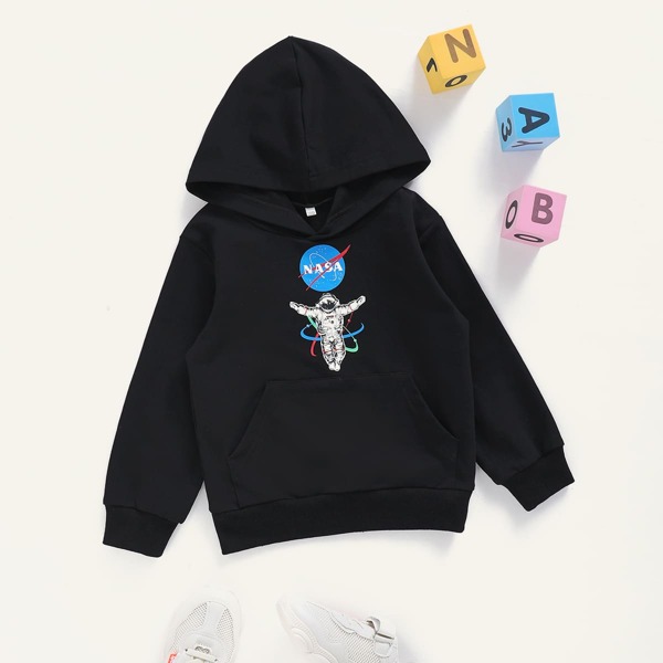 

Toddler Boys Spaceman And Letter Graphic Kangaroo Pocket Hoodie, Black