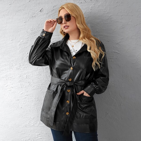 

Plus PU Leather Dual Pocket Belted Coat, Black