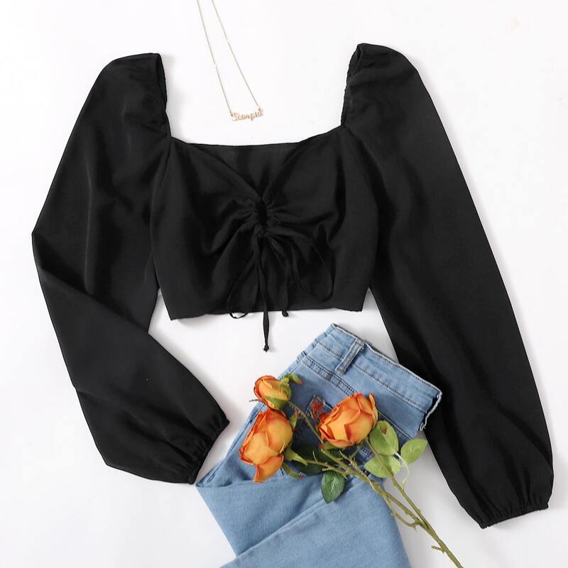 

Solid Tie Front Crop Top, Black