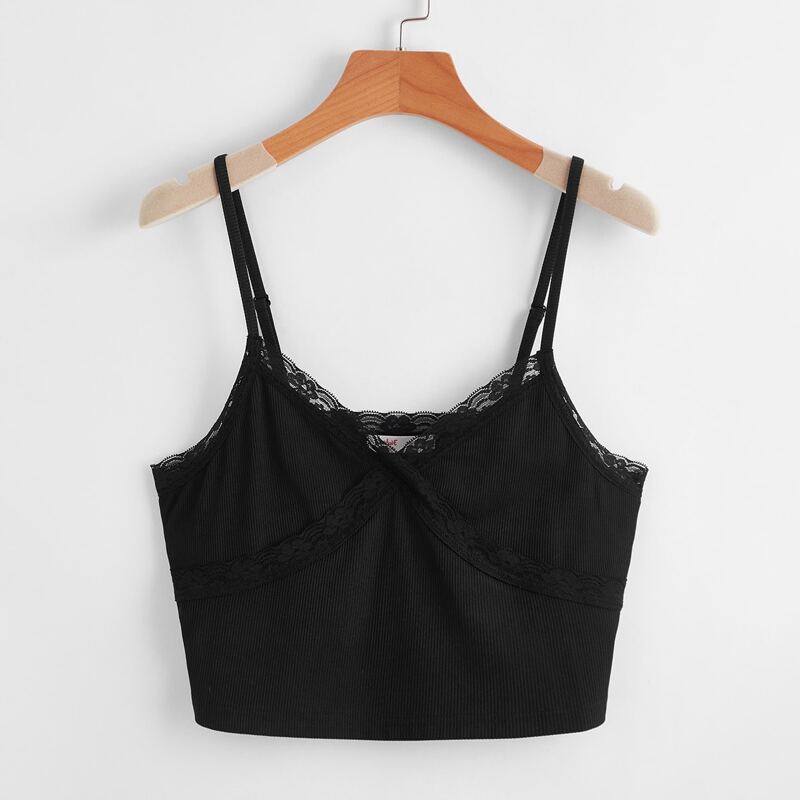 

Contrast Lace Crop Cami, Black