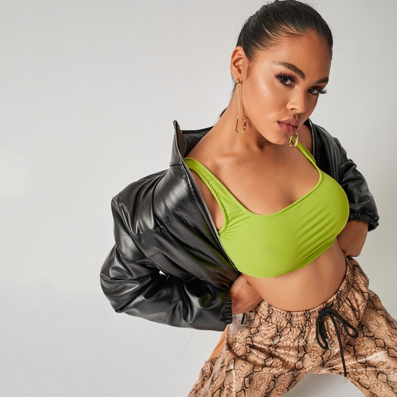 

High Neck Drawstring Hem Crop PU Jacket, Black