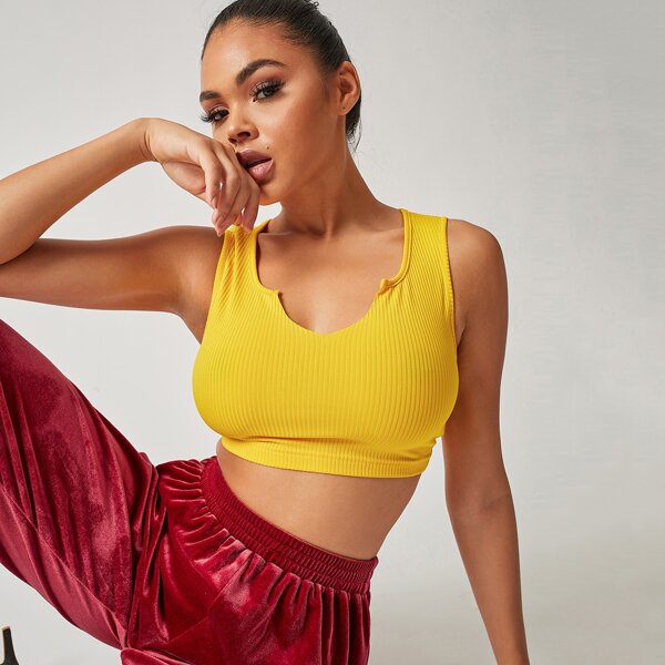 

Notch Neck Rib-knit Tank Top, Yellow bright