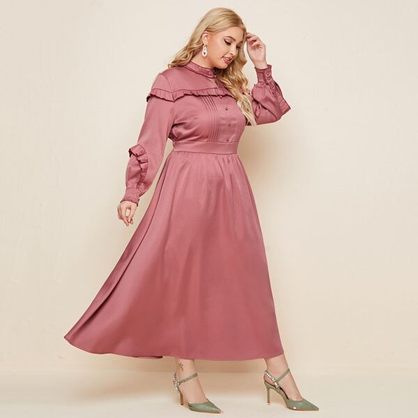 

Plus Frill Button Keyhole Neck A-line Dress, Dusty pink