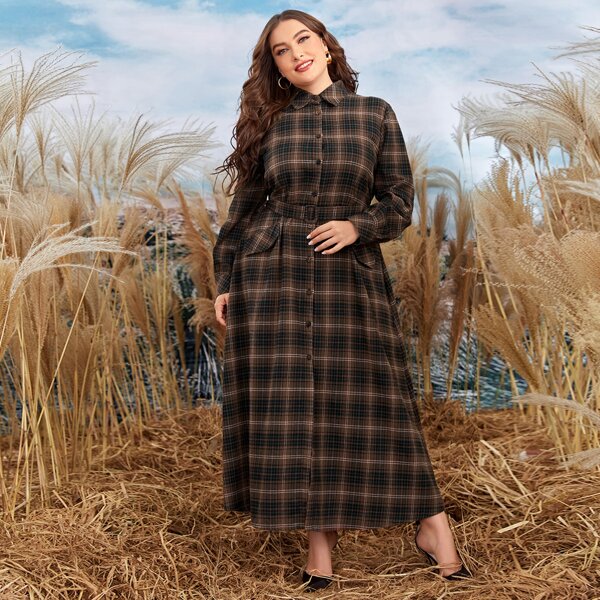 

Plus Plaid Belted Button Front Shirt Dress, Multicolor