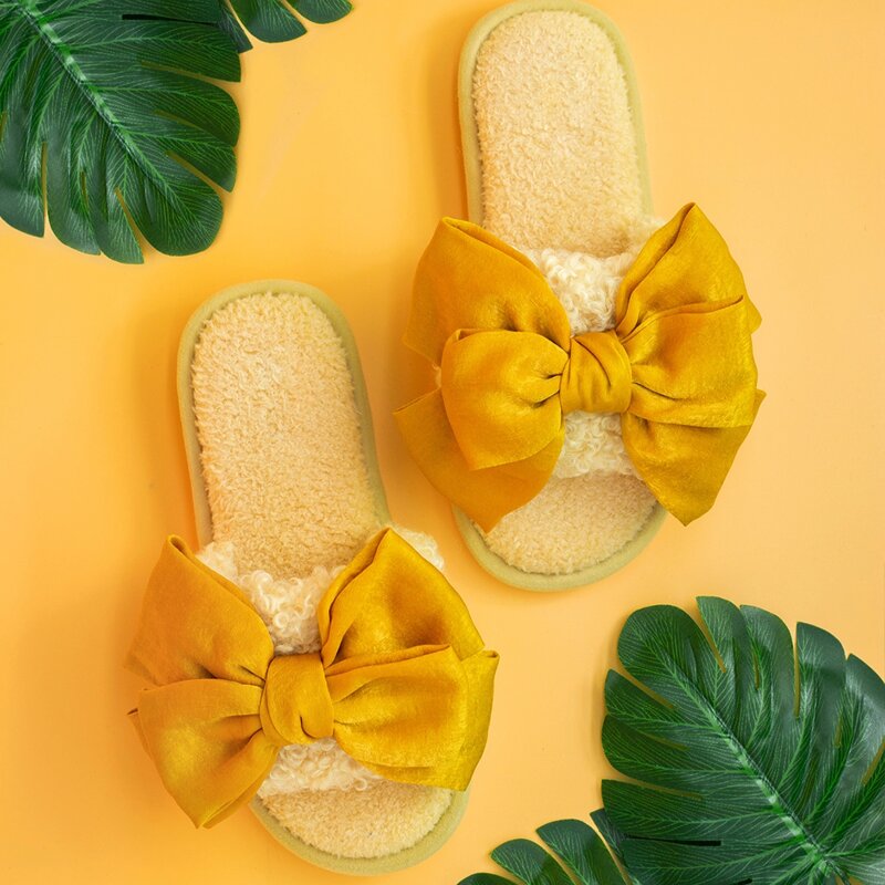 

Open Toe Bow Decor Fluffy Slippers, Yellow