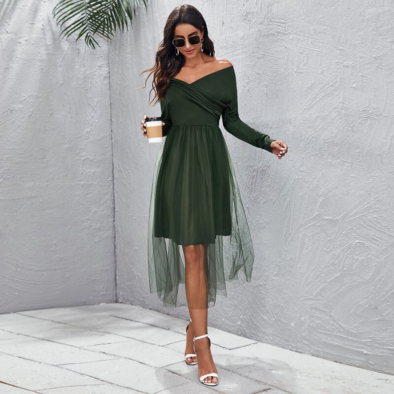 

Off Shoulder Wrap Front Mesh Overlay Dress, Dark green