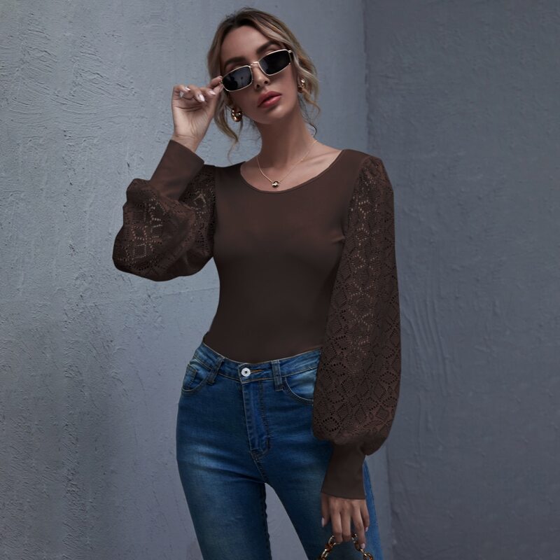 

Lace Lantern Sleeve Slim Top, Chocolate brown
