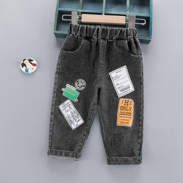 

Toddler Boys Letter & Geo Print Pocket Elastic Waist Jeans, Dark grey