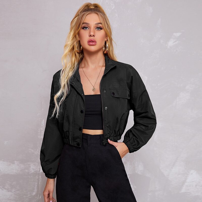 

Drop Shoulder Flap Detail Zipper Placket Jacket, Black