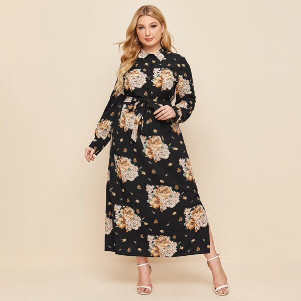 

Plus Floral Print Button Belted Split Hem Shirt Dress, Multicolor