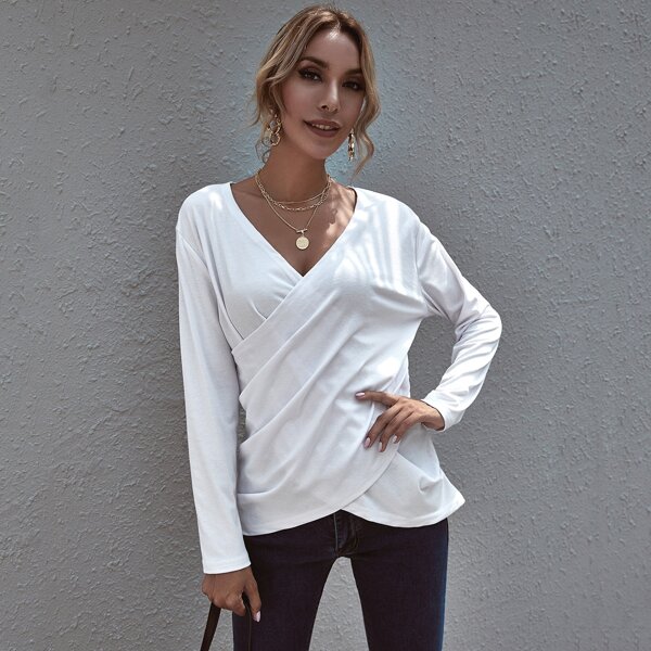 

Plicated Wrap Drop Shoulder Tee, White
