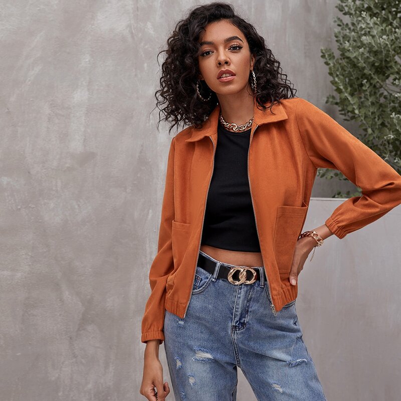 

Zip Up Double Pocket Suede Jacket, Burnt orange