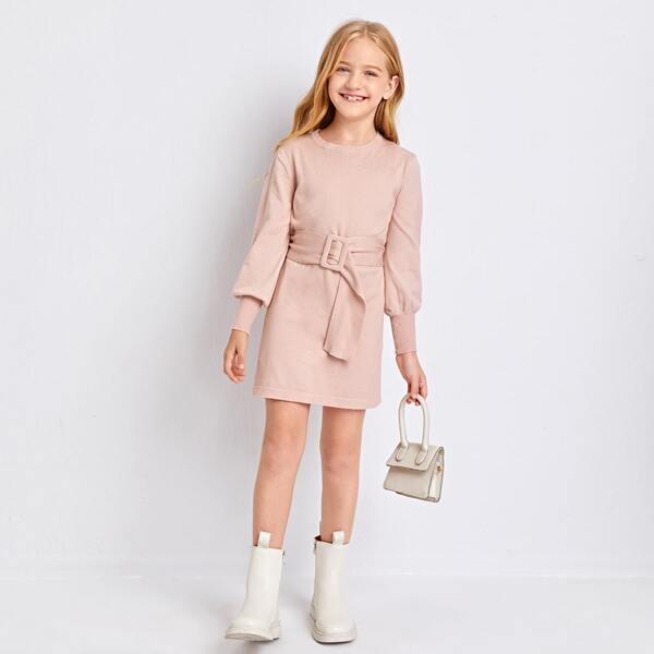 

Girls Lantern Sleeve Buckle Belted Sweater Dress, Pastel baby pink