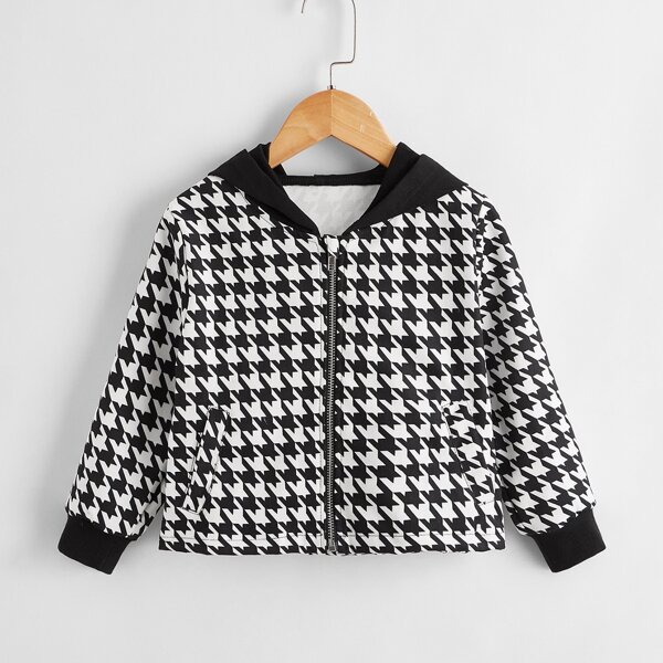

Toddler Girls Houndstooth Zip Up Hooded Jacket, Black and white
