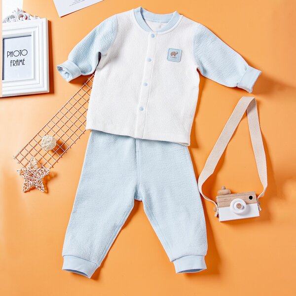 

Baby Boy Elephant Print Colorblock Button Front Top & Sweatpants, Multicolor
