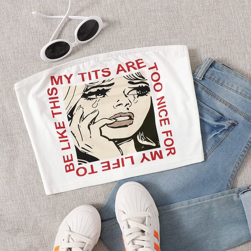 

Slogan Figure Graphic Tube Top, White
