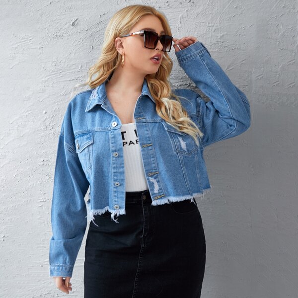 

Plus Raw Hem Crop Denim Trucker Jacket, Medium wash