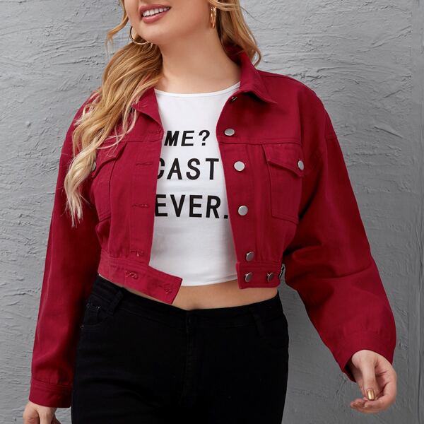 

Plus Button Front Crop Denim Trucker Jacket, Burgundy